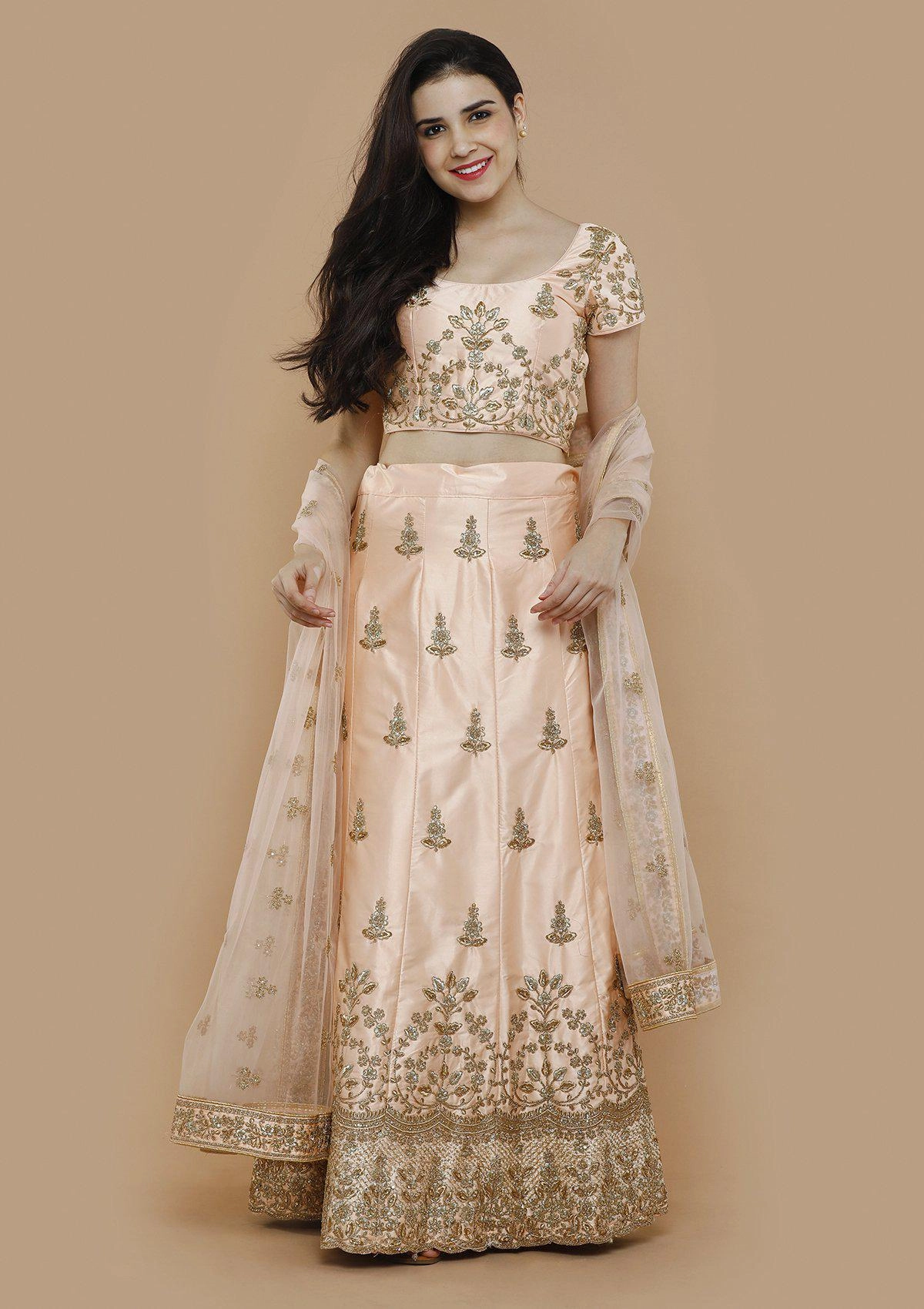 Peach Zariwork Silk Semi Stitched Lehenga
