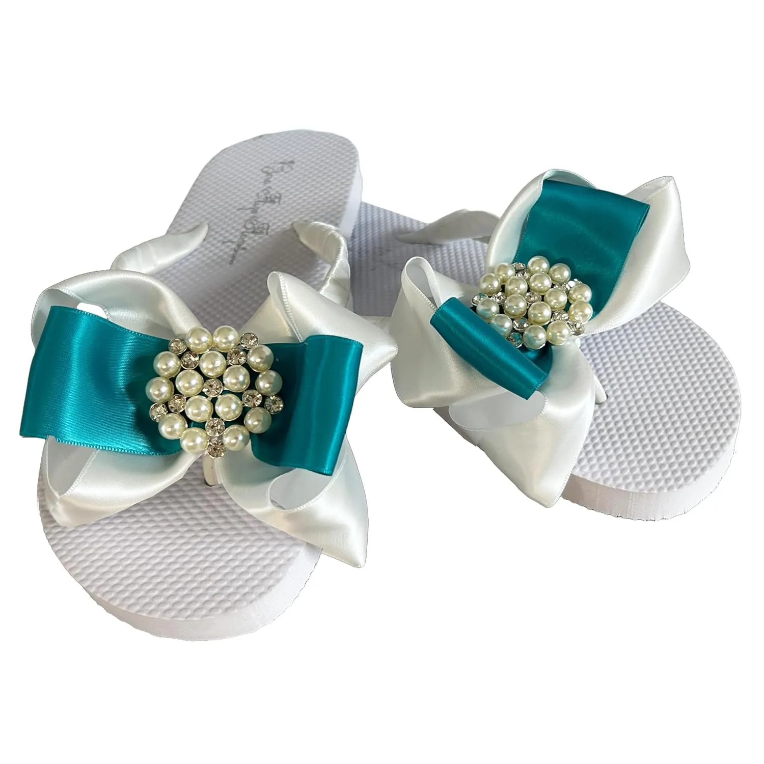 Pearl Satin Flip Flops with Turquoise & White Ribbon Bows, Choose Heel Height, Flat or Wedge, Ivory Champagne Peach Coral and More