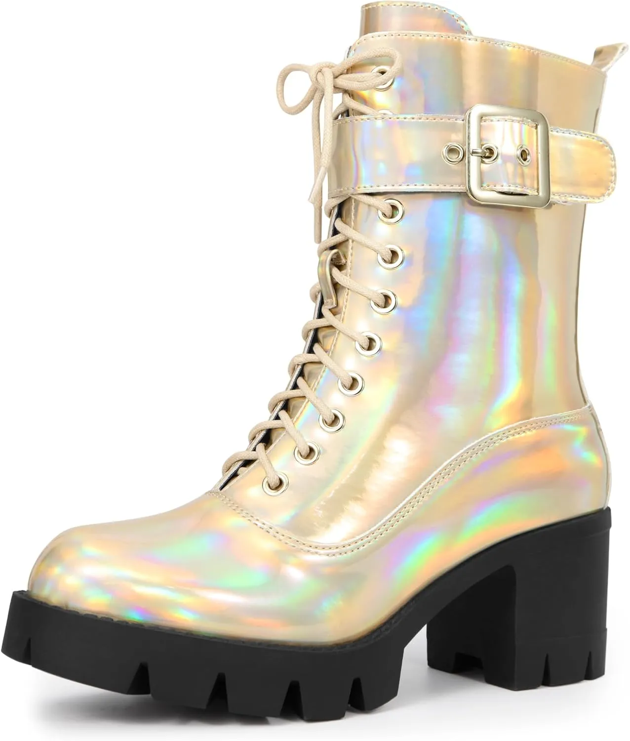 Perphy Platform Lace Up Round Toe Chunky Heel Combat Boots for Women