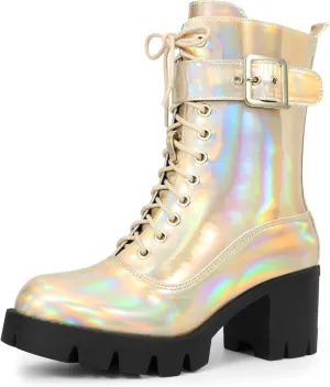 Perphy Platform Lace Up Round Toe Chunky Heel Combat Boots for Women