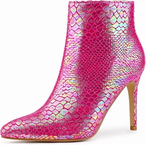 Perphy Snakeskin Printed Metallic Boots Pointed Toe Stiletto Heel Ankle Boots for Women