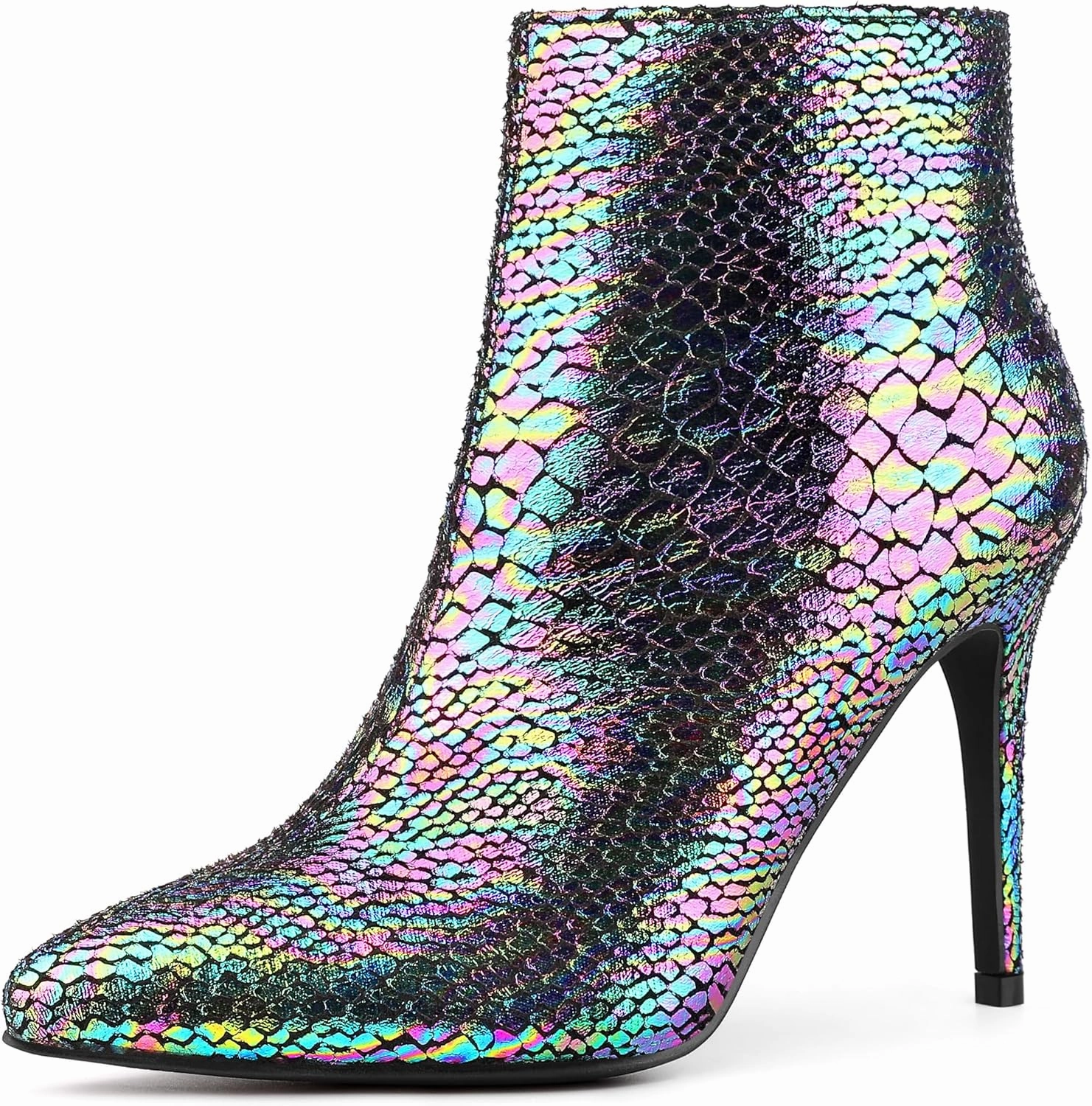Perphy Snakeskin Printed Metallic Boots Pointed Toe Stiletto Heel Ankle Boots for Women