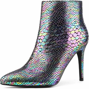 Perphy Snakeskin Printed Metallic Boots Pointed Toe Stiletto Heel Ankle Boots for Women