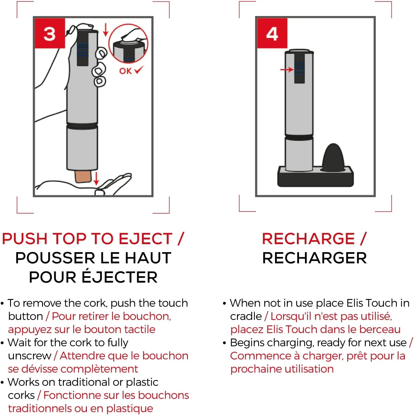 Peugeot - Elis Touch Electric Corkscrew - Rechargeable Bottle Opener with Battery and Charging Base, Stainless Steel, 10.6 inches
