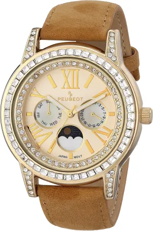 Peugeot Women Crystal Bezel Dress Watch, Day Date Moon Phase Function & Mother of Peal Dial with Roman Numeral, Suede Strap
