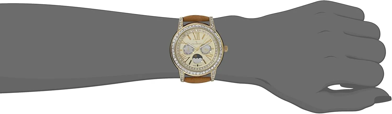 Peugeot Women Crystal Bezel Dress Watch, Day Date Moon Phase Function & Mother of Peal Dial with Roman Numeral, Suede Strap