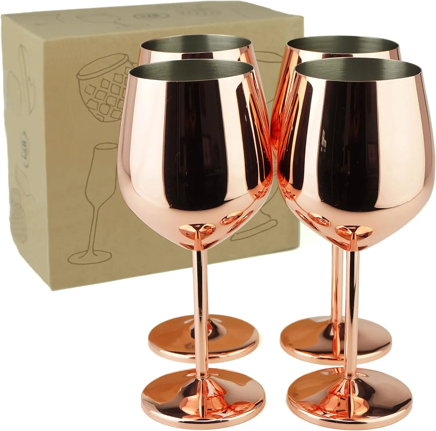 PG Copper/Rose Gold Stem Stainless Steel Wine Glass Set 4-18.5 oz