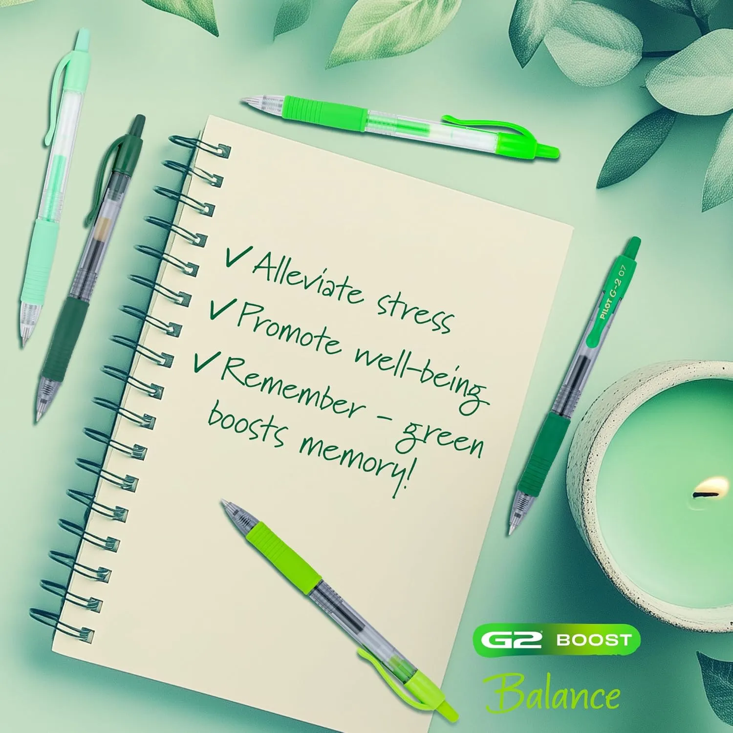 Pilot, G2 Premium Gel Roller Pens, G2 Boost Greens Pack, The Colors of Balance, 8 Pack Pouch, Fine Point 0.7 mm, Assorted