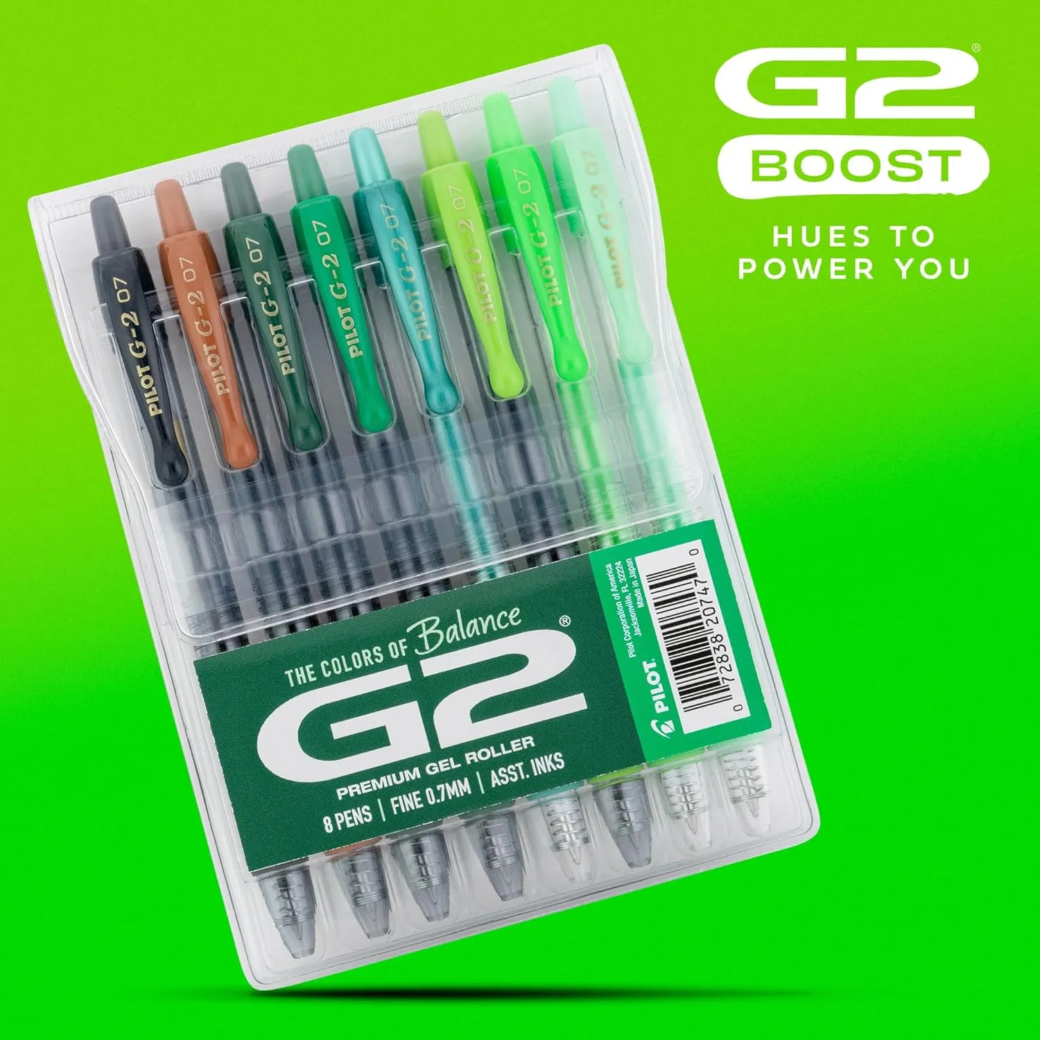 Pilot, G2 Premium Gel Roller Pens, G2 Boost Greens Pack, The Colors of Balance, 8 Pack Pouch, Fine Point 0.7 mm, Assorted