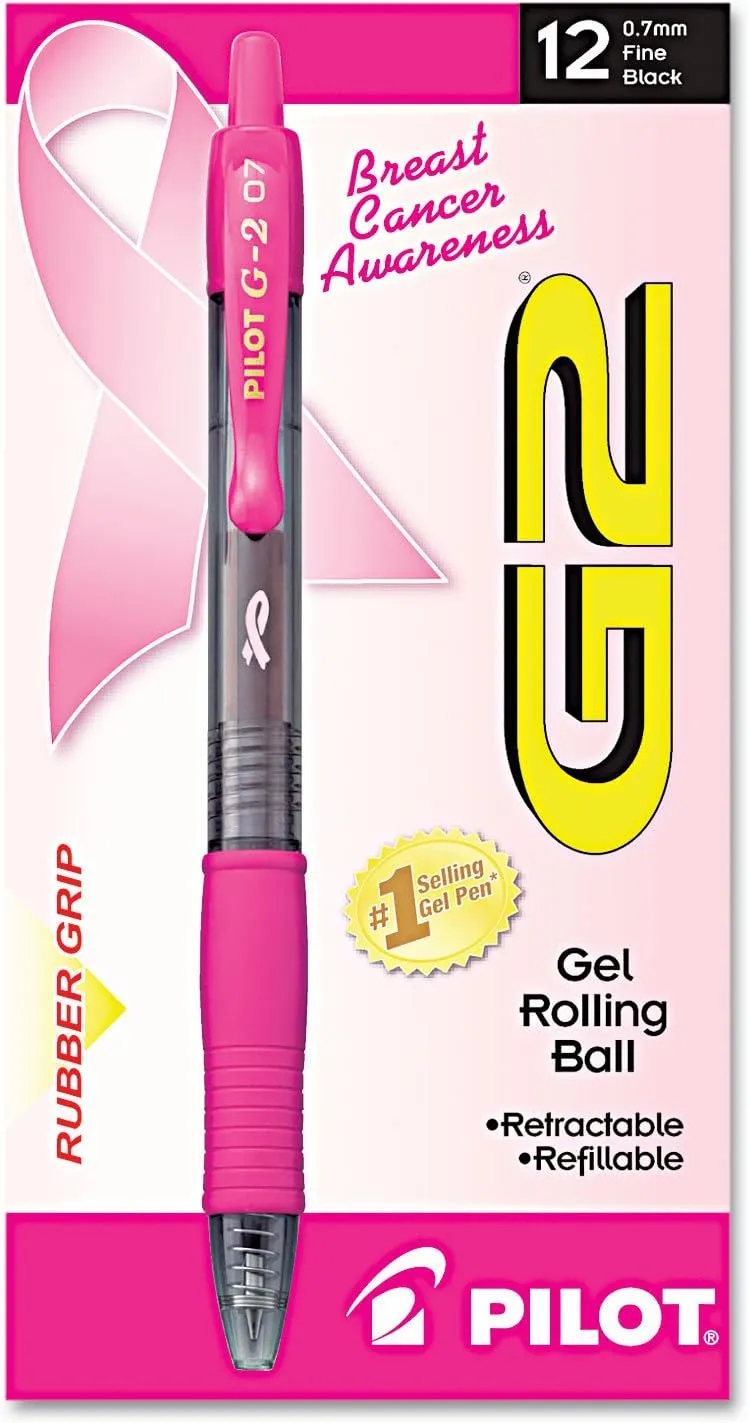 PILOT G2 Premium Pink Ribbon Retractable Gel Roller Ball Pen, Fine Point, Black Ink, 12-Pack (31332)