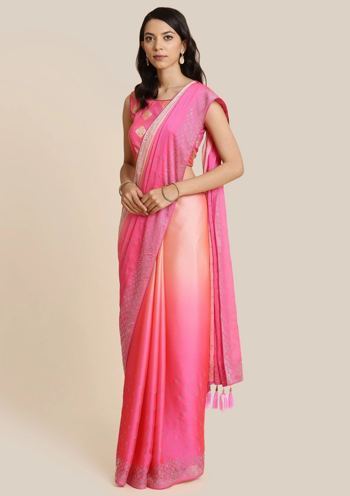 Pink Swarovski Satin Designer Saree
