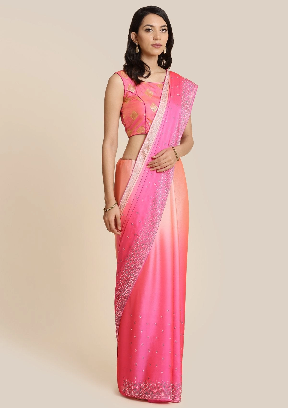Pink Swarovski Satin Designer Saree