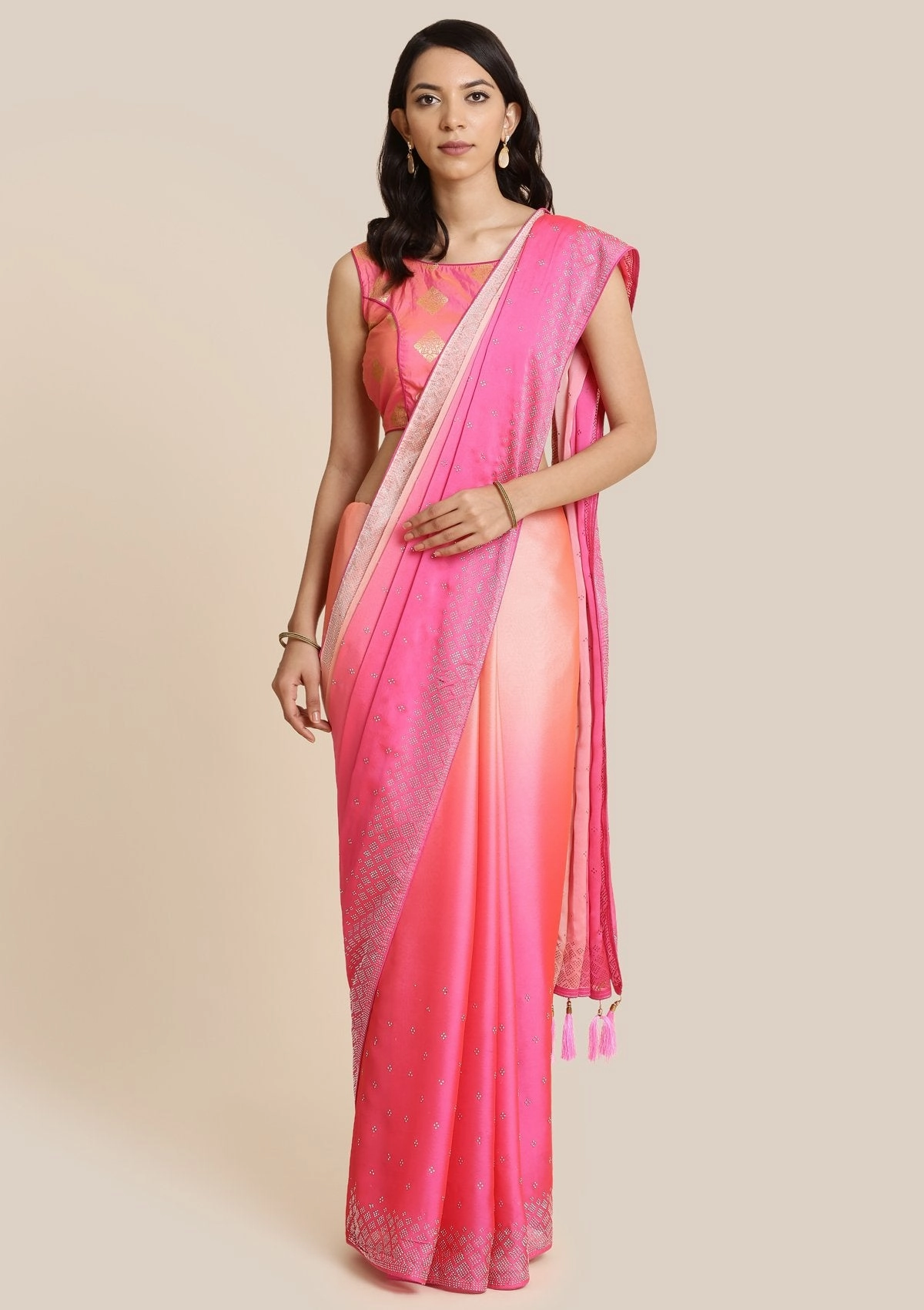Pink Swarovski Satin Designer Saree