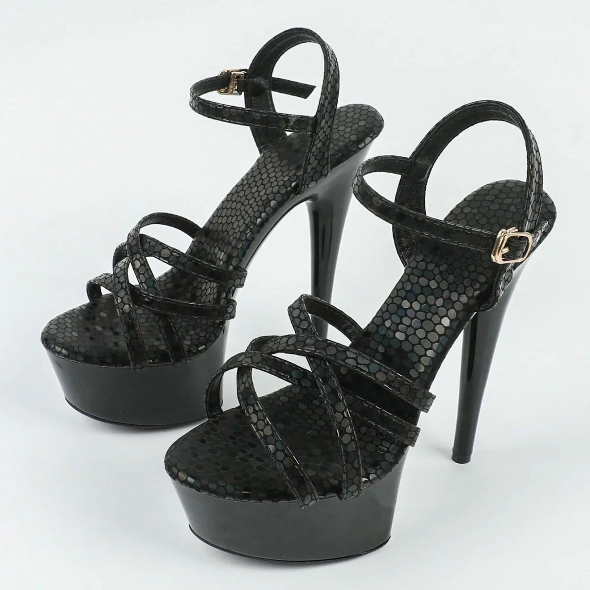 Platform Stiletto Sandals, Black Snake Print, Strappy Design with Ankle Strap, High Heel 5.9inch Heel