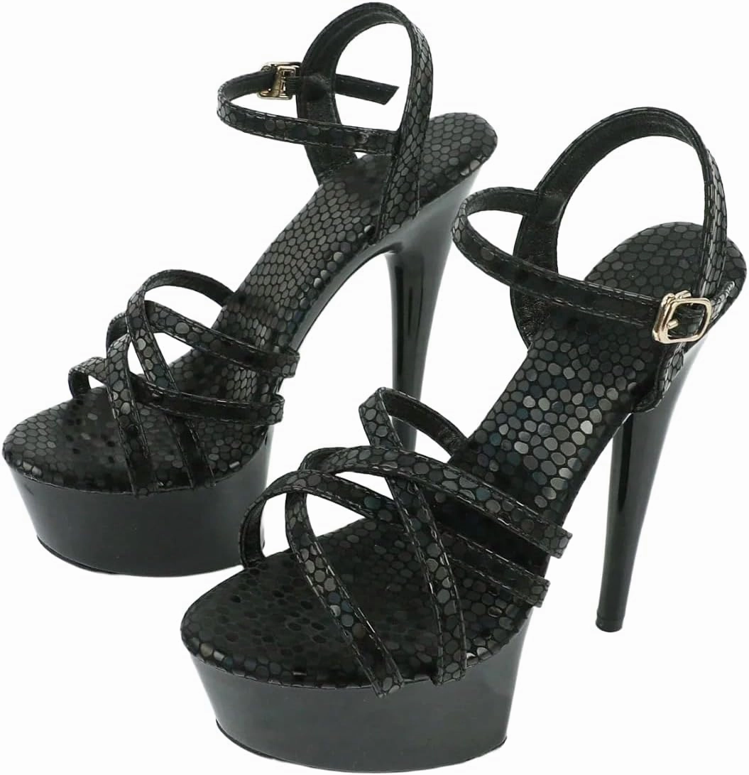 Platform Stiletto Sandals, Black Snake Print, Strappy Design with Ankle Strap, High Heel 5.9inch Heel