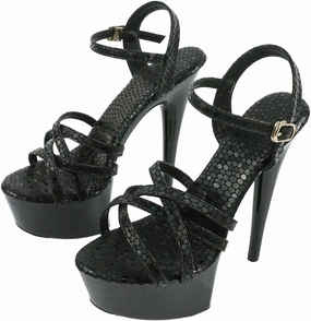 Platform Stiletto Sandals, Black Snake Print, Strappy Design with Ankle Strap, High Heel 5.9inch Heel