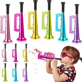 Poen 12 Pcs Toy Trumpet Kids Mini Metallic Trumpet Parties Musical Blow Horn Instruments Plastic Noise Makers for Kids Events Party Favors Music Class Stage Props 7 Inch Easter Day(Colorful)