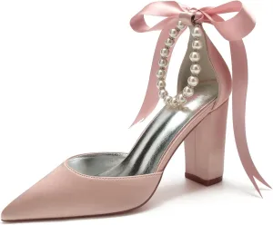 Pointed Toe Wedding Block Heels 9CM Shoes Pearl Ankle Buckle Bridal Sandals Satin Bowknot Strap Evening Party Dress Pumps Beaded,Dusty Rose,9