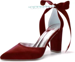 Pointed Toe Wedding Block Heels 9CM Shoes Pearl Ankle Buckle Bridal Sandals Satin Bowknot Strap Evening Party Dress Pumps Beaded,Wine red,6