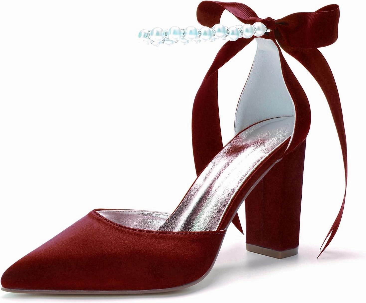 Pointed Toe Wedding Block Heels 9CM Shoes Pearl Ankle Buckle Bridal Sandals Satin Bowknot Strap Evening Party Dress Pumps Beaded,Wine red,10