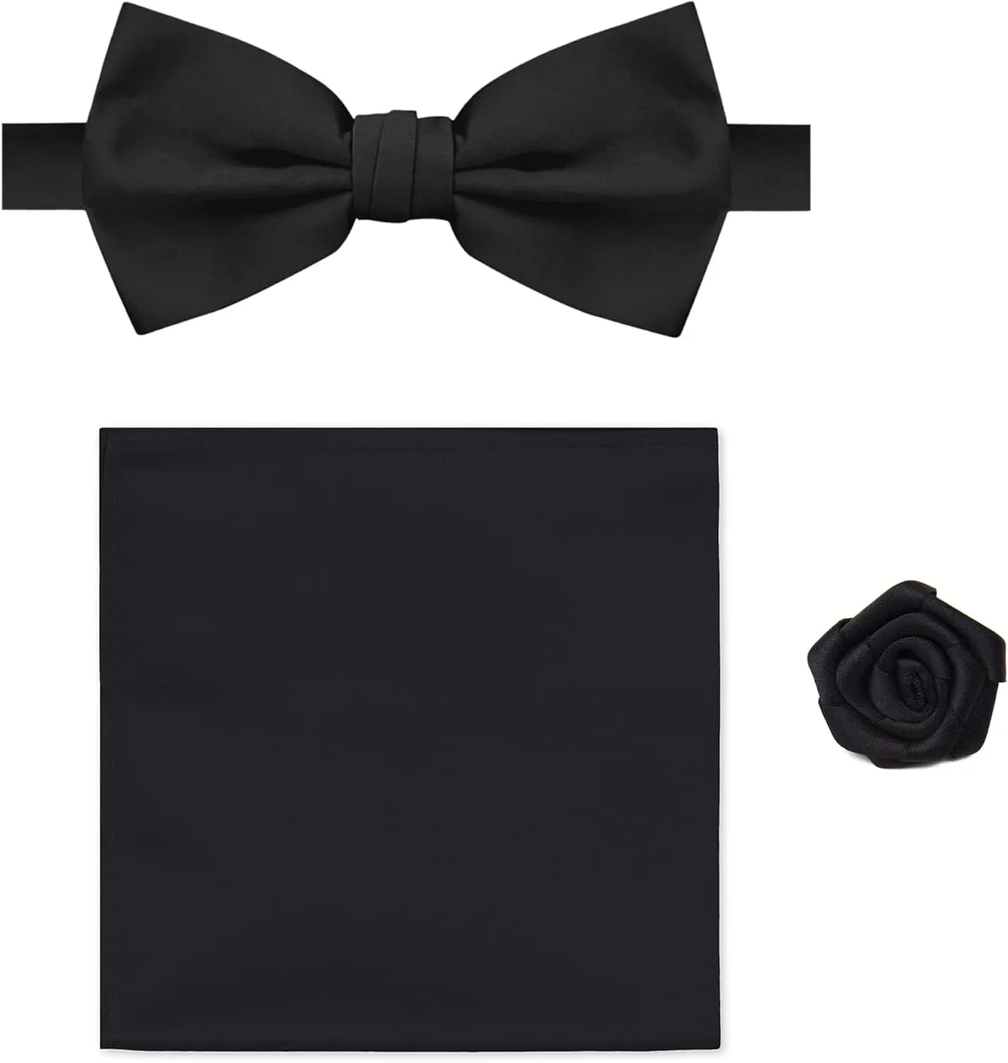 Pretied Banded Bowtie Hanky Open Rose Lapel Flower 3 pc Set