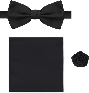 Pretied Banded Bowtie Hanky Open Rose Lapel Flower 3 pc Set
