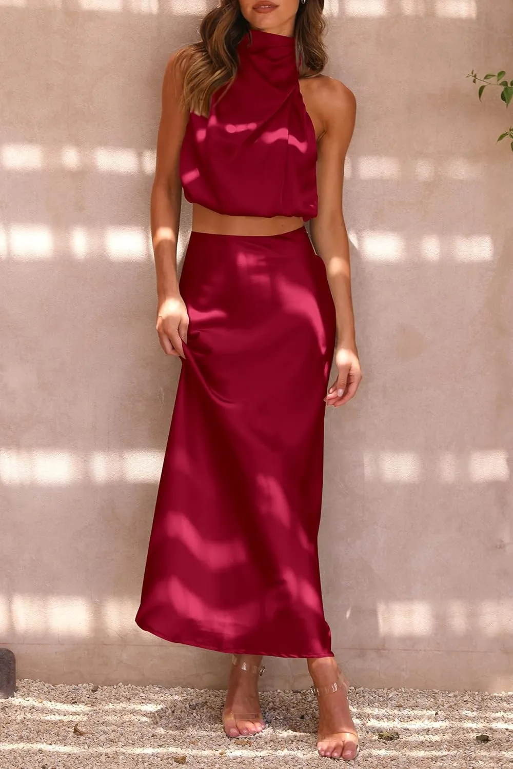 PRETTYGARDEN Women's 2 Piece Satin Outfits Summer Sleeveless Mock Neck Crop Tops and Long Skirt Dress Sets