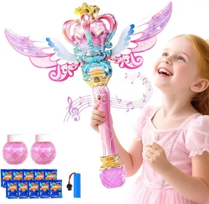 Princess Bubble Wands Machine for Kids with Rotating Design, Outdoor Bubble Maker Toys for Kids Ages 4-8, Rechargeable Light Up & Music Fairy Wands, Party Birthday for 3  Year Old Girls(Pink)