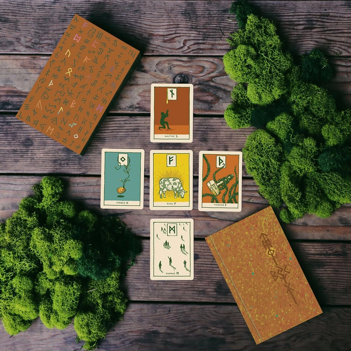 Prisma Visions Green Glyphs Runes, Nordic Cards and Dice Set - 33 Gold Gilded Elder Futhark and Anglo-Saxon Cards, Guidebook, and 4 Runic Dice by James R. EADS