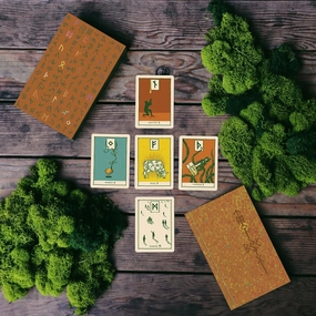 Prisma Visions Green Glyphs Runes, Nordic Cards and Dice Set - 33 Gold Gilded Elder Futhark and Anglo-Saxon Cards, Guidebook, and 4 Runic Dice by James R. EADS