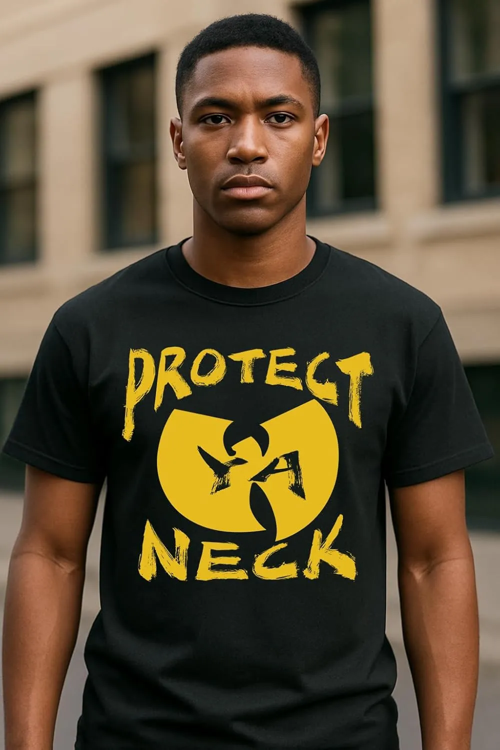 Protect Ya Neck T-Shirt, Black with Gold Logo Design, Hip-Hop Graphic Tee