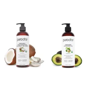 PURA D'OR 16 Oz ORGANIC Fractionated Coconut Oil, Avocado Oil - 100% Pure & Natural USDA Certified Cold Pressed Carrier Oils - Unscented, Hexane Free Moisturizer For Face, Skin, Hair & Body - Men & Women
