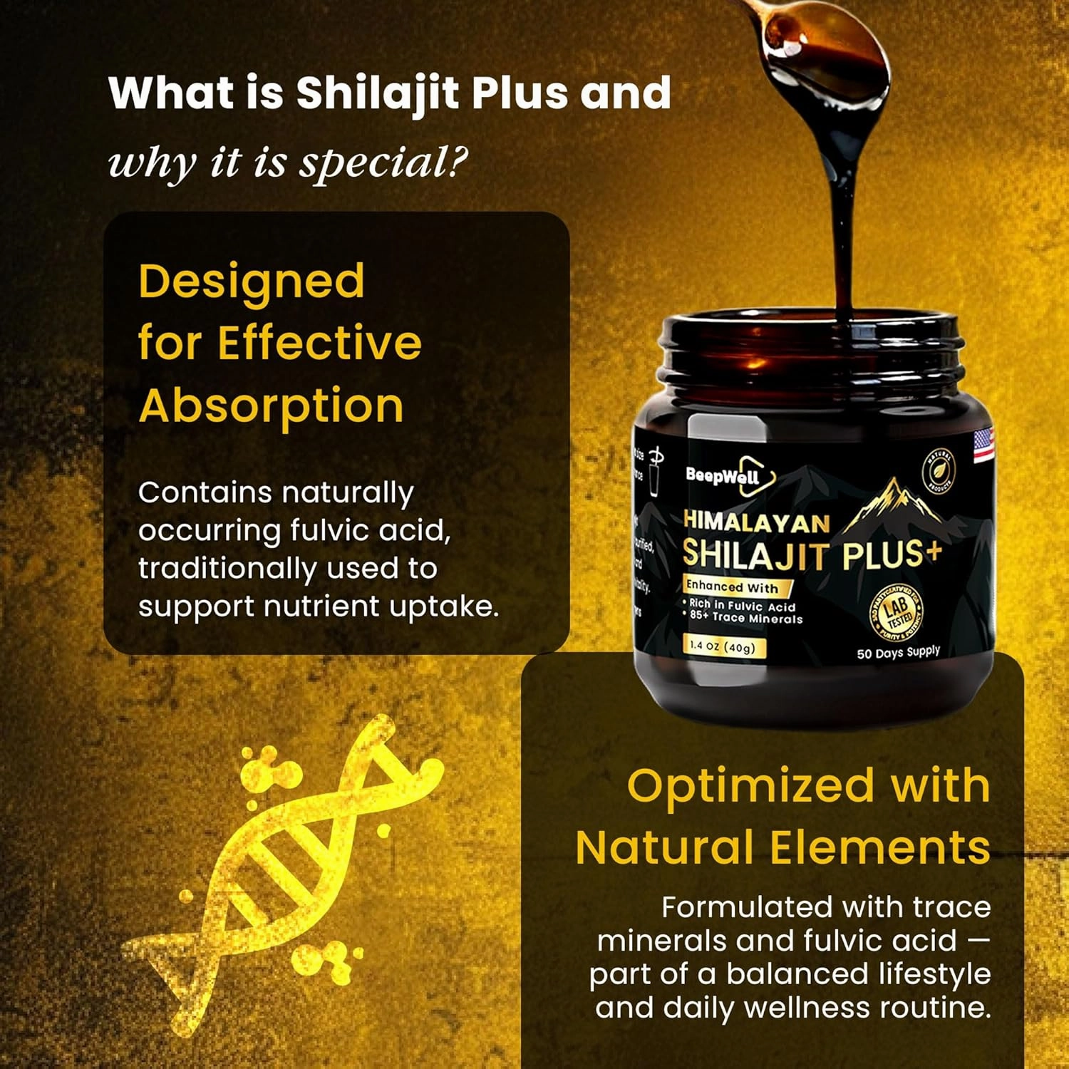 Pure Himalayan Organic Shilajit Resin Extract for Men & Women- 100% Natural Ashwagandha Black Pepper Shilajit Resin for Men Women Gold Ayurvedic,Fulvic Acid 85   Trace Minerals, 50 Servings, 40 Grams