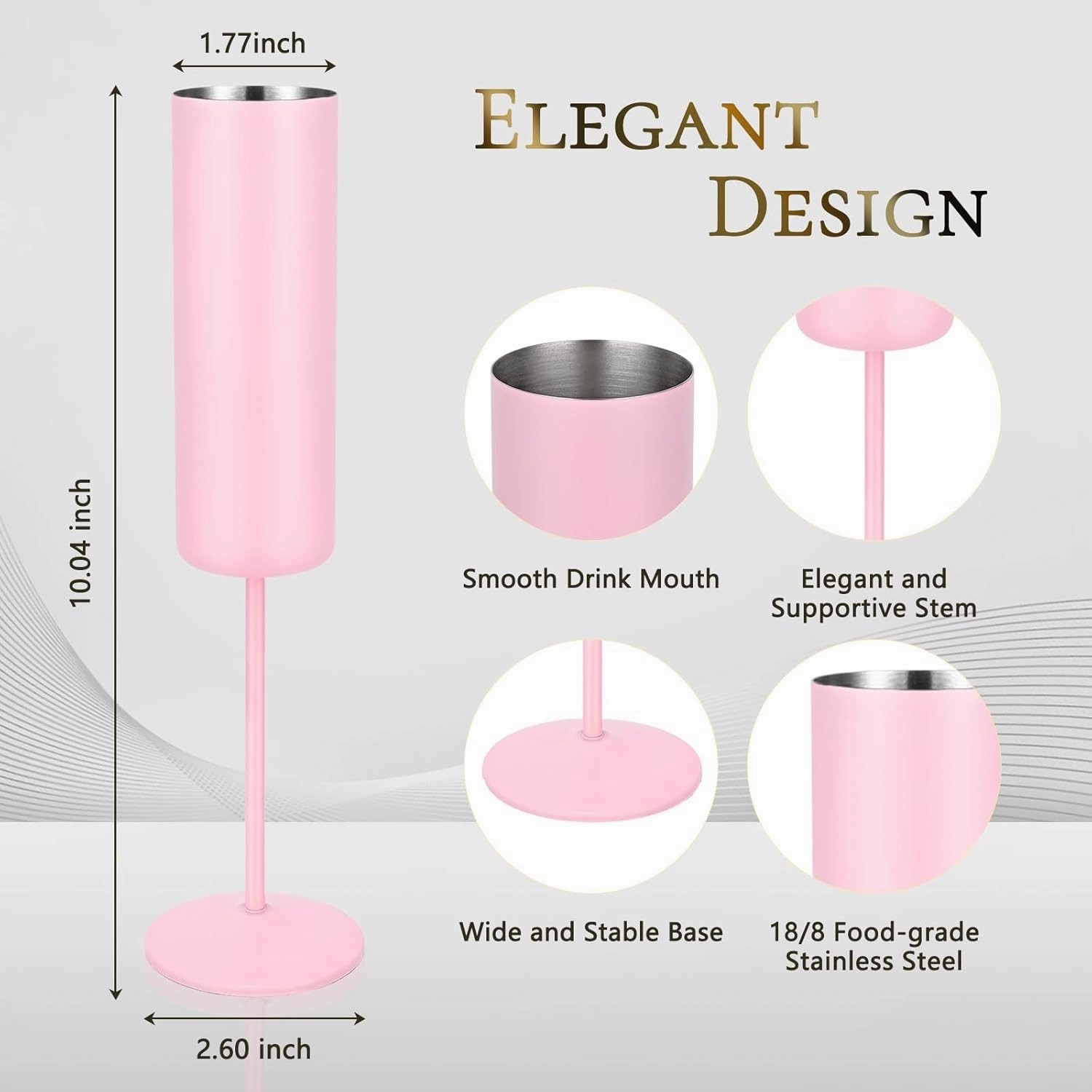 Qtencas 2 Pack Stainless Steel Champagne Glasses, 6oz Unbreakable Stemmed Champagne Glasses Gifts for Family Party Wedding Birthday Christmas Anniversary, Insulated Champagne Flutes Set of 2, Pink