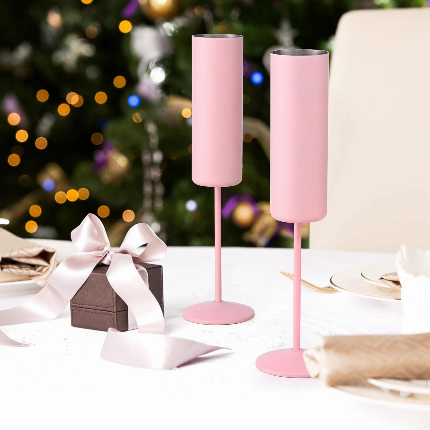 Qtencas 2 Pack Stainless Steel Champagne Glasses, 6oz Unbreakable Stemmed Champagne Glasses Gifts for Family Party Wedding Birthday Christmas Anniversary, Insulated Champagne Flutes Set of 2, Pink