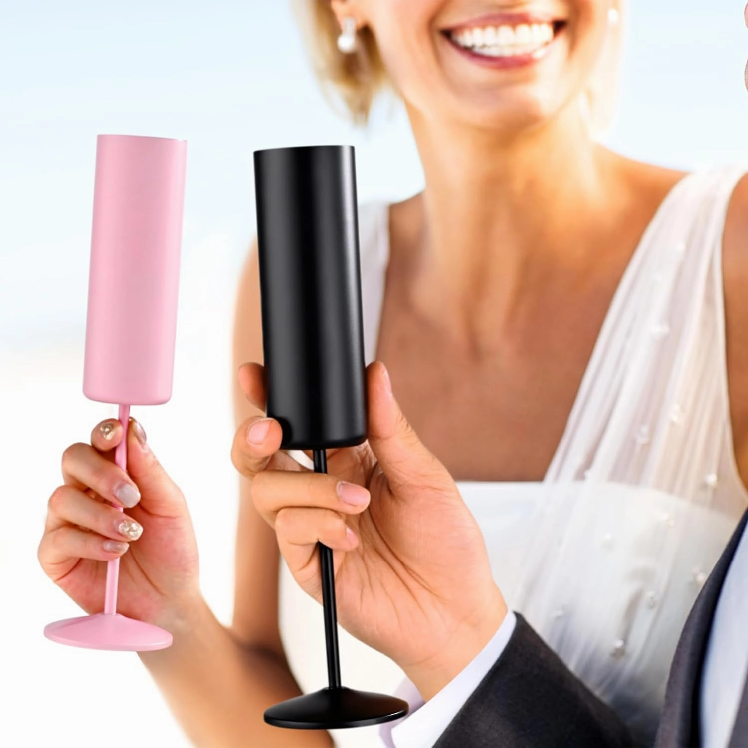 Qtencas 2 Pack Stainless Steel Champagne Glasses, 6oz Unbreakable Stemmed Champagne Glasses Gifts for Family Party Wedding Birthday Christmas Anniversary, Insulated Champagne Flutes Set of 2, Pink