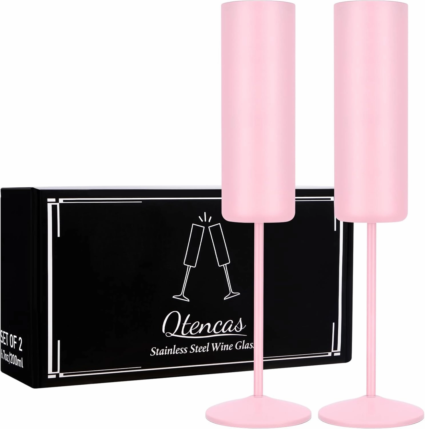 Qtencas 2 Pack Stainless Steel Champagne Glasses, 6oz Unbreakable Stemmed Champagne Glasses Gifts for Family Party Wedding Birthday Christmas Anniversary, Insulated Champagne Flutes Set of 2, Pink