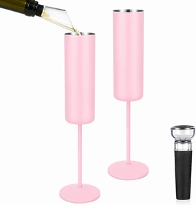 Qtencas 2 Pack Stainless Steel Champagne Glasses, 6oz Unbreakable Stemmed Champagne Glasses Gifts for Family Party Wedding Birthday Christmas Anniversary, Insulated Champagne Flutes Set of 2, Pink