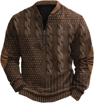 Quarter Zip Sweatshirts for Men Vintage Long Sleeve 3D Knit Pattern Golf Polo Shirts Stand Collar Pullover Sweater