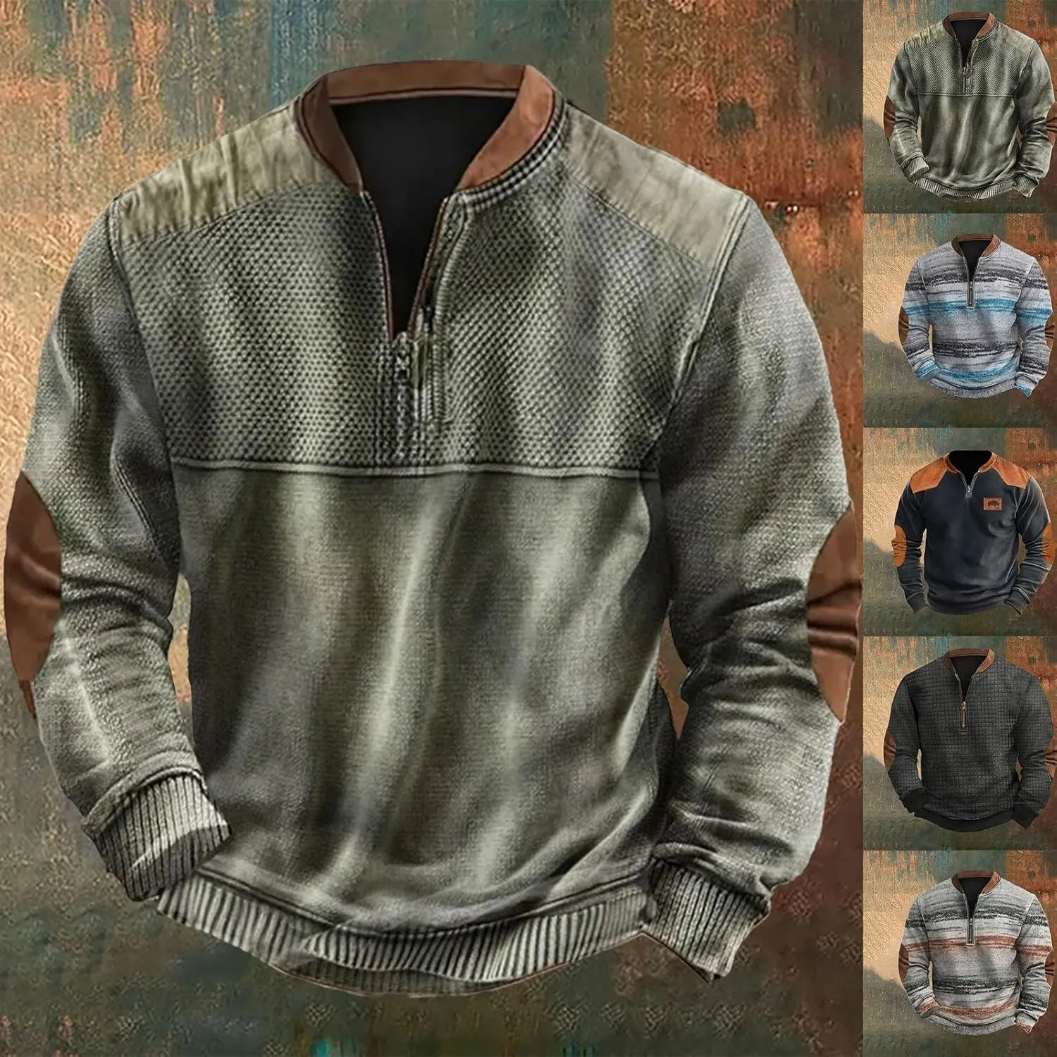Quarter Zip Sweatshirts for Men Vintage Long Sleeve 3D Knit Pattern Golf Polo Shirts Stand Collar Pullover Sweater