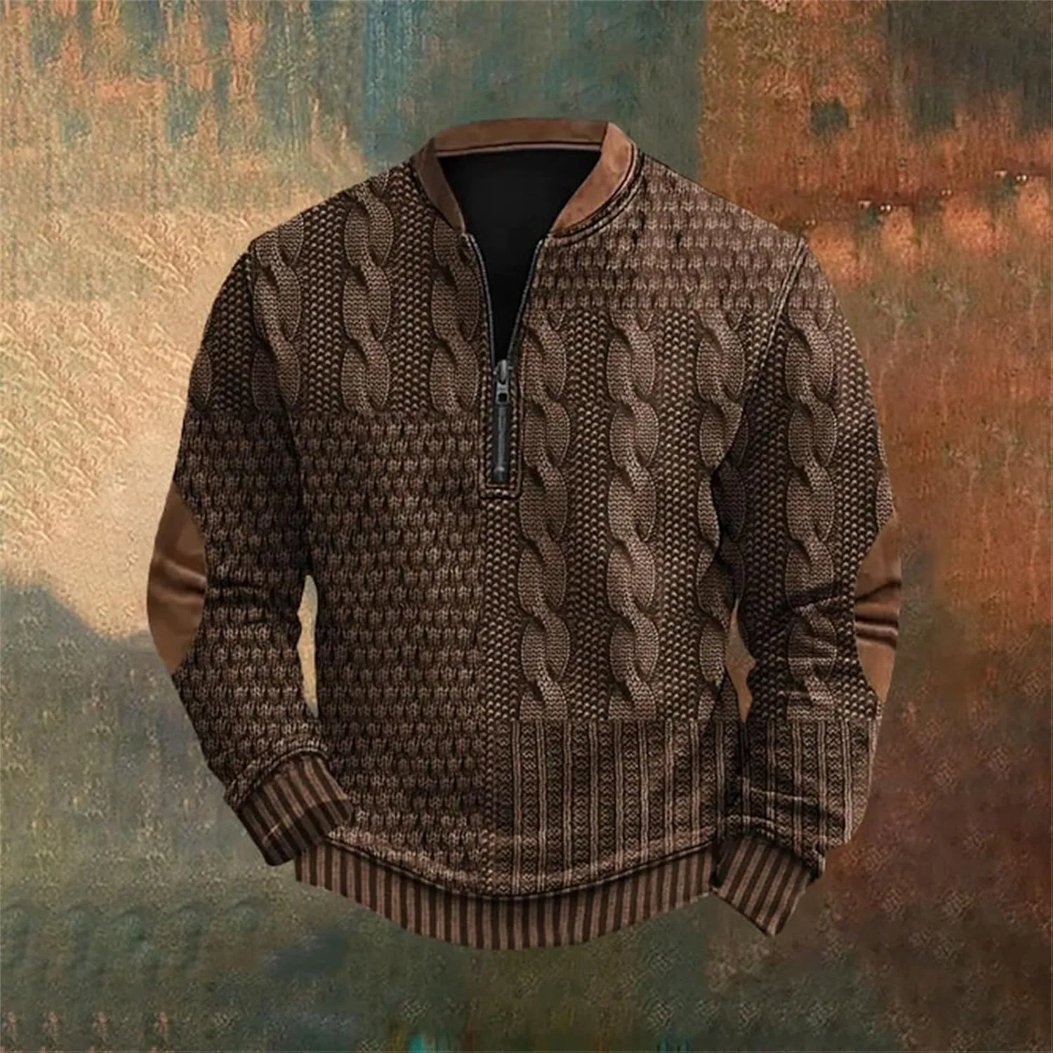 Quarter Zip Sweatshirts for Men Vintage Long Sleeve 3D Knit Pattern Golf Polo Shirts Stand Collar Pullover Sweater