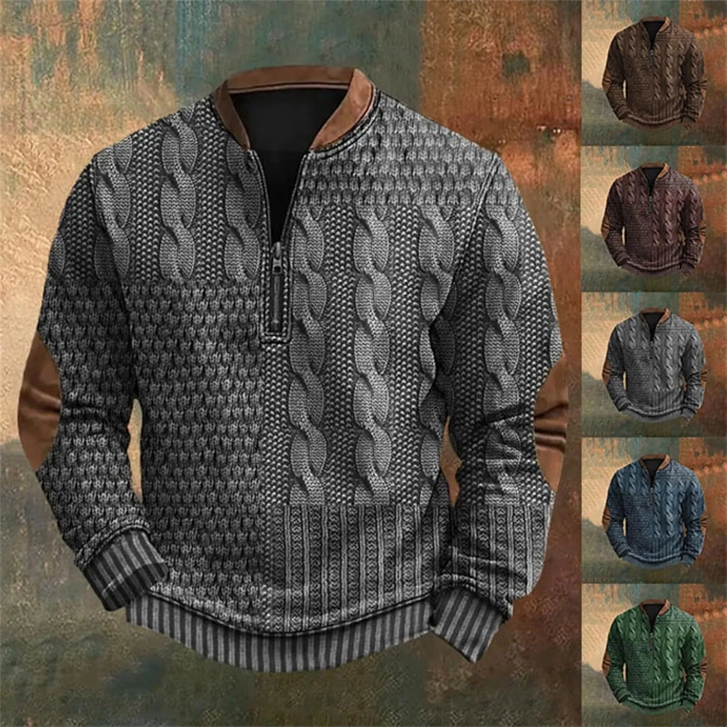 Quarter Zip Sweatshirts for Men Vintage Long Sleeve 3D Knit Pattern Golf Polo Shirts Stand Collar Pullover Sweater