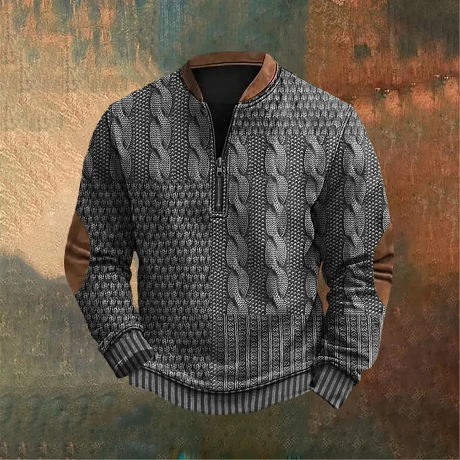 Quarter Zip Sweatshirts for Men Vintage Long Sleeve 3D Knit Pattern Golf Polo Shirts Stand Collar Pullover Sweater