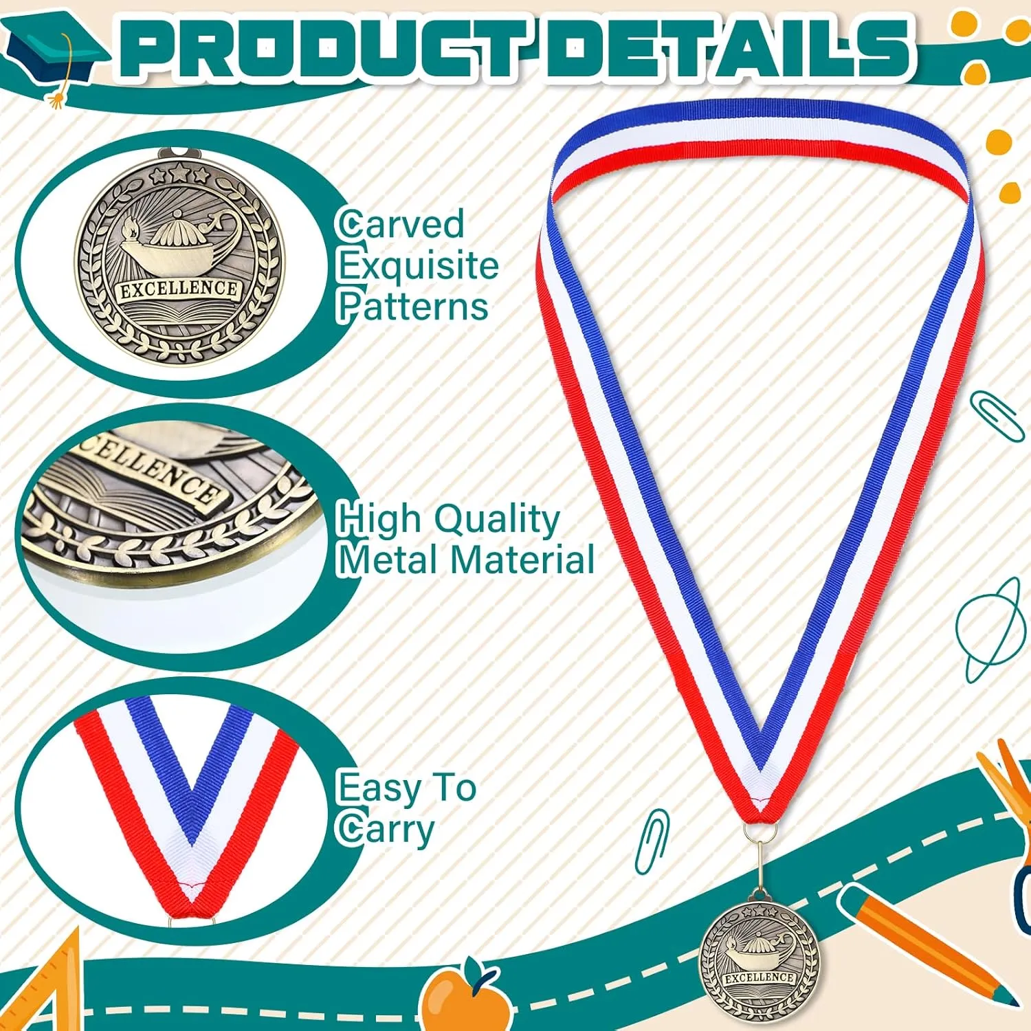 Quelay 30 Pcs 2'' Award Medals Bulk Gold Winner Medals with Neck Ribbons Metal Trophy Award Prize Gift for Tournaments, Competitions, Party, Kids and Adults