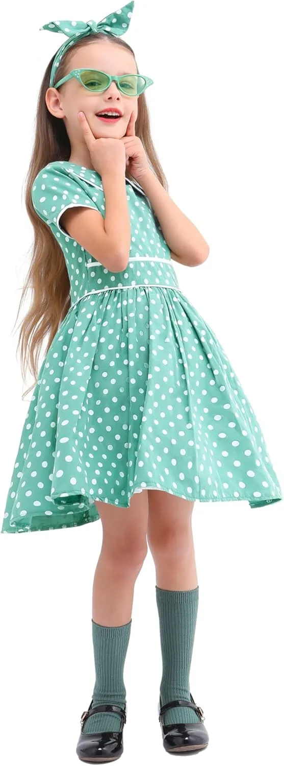 Raberto Girls 1950s Dress - Retro 50s Costume with Polka Dot Design, Headband, Glasses and Socks