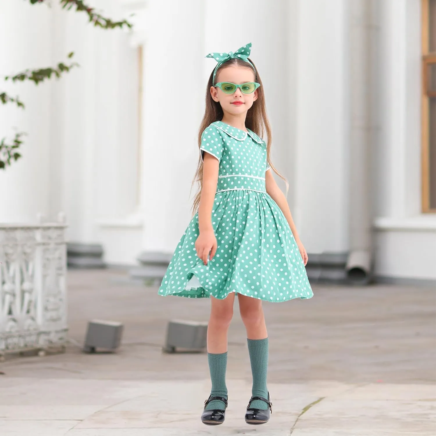 Raberto Girls 1950s Dress - Retro 50s Costume with Polka Dot Design, Headband, Glasses and Socks