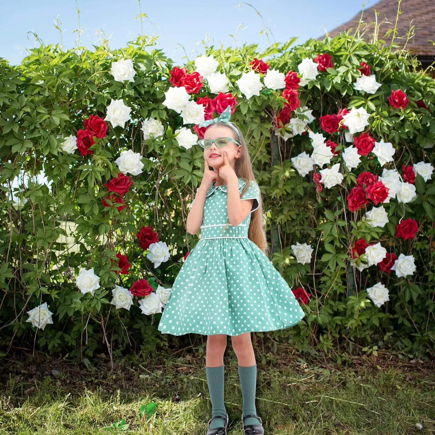 Raberto Girls 1950s Dress - Retro 50s Costume with Polka Dot Design, Headband, Glasses and Socks
