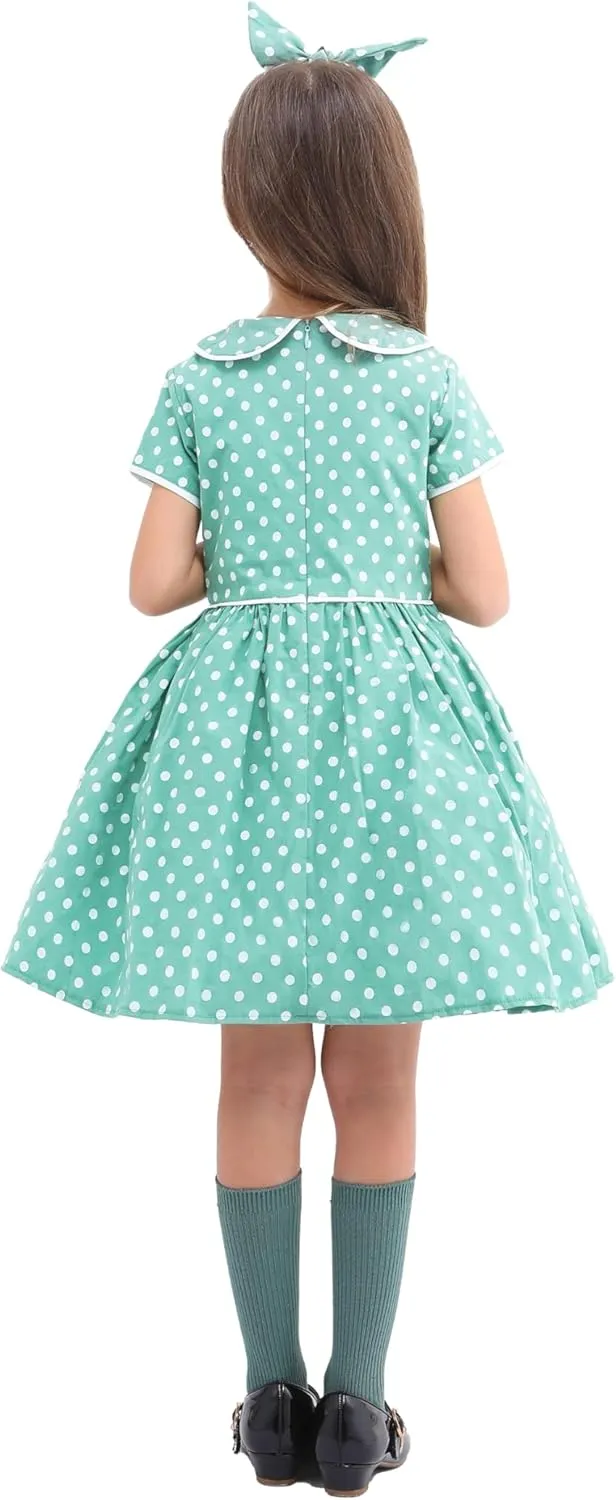 Raberto Girls 1950s Dress - Retro 50s Costume with Polka Dot Design, Headband, Glasses and Socks