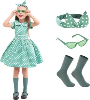 Raberto Girls 1950s Dress - Retro 50s Costume with Polka Dot Design, Headband, Glasses and Socks