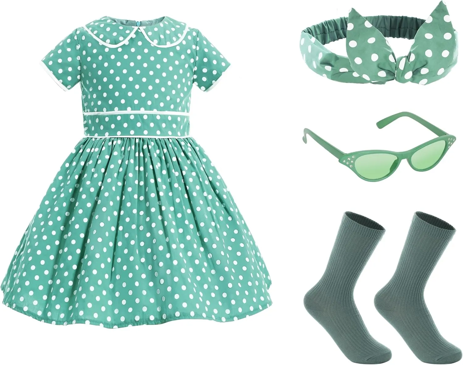 Raberto Girls 1950s Dress - Retro 50s Costume with Polka Dot Design, Headband, Glasses and Socks